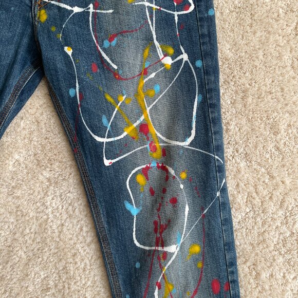 Streetwear Hip Hop Paint Splatter Jeans Women 32 Blue 25Degrees Button Fly Denim - Picture 9 of 11